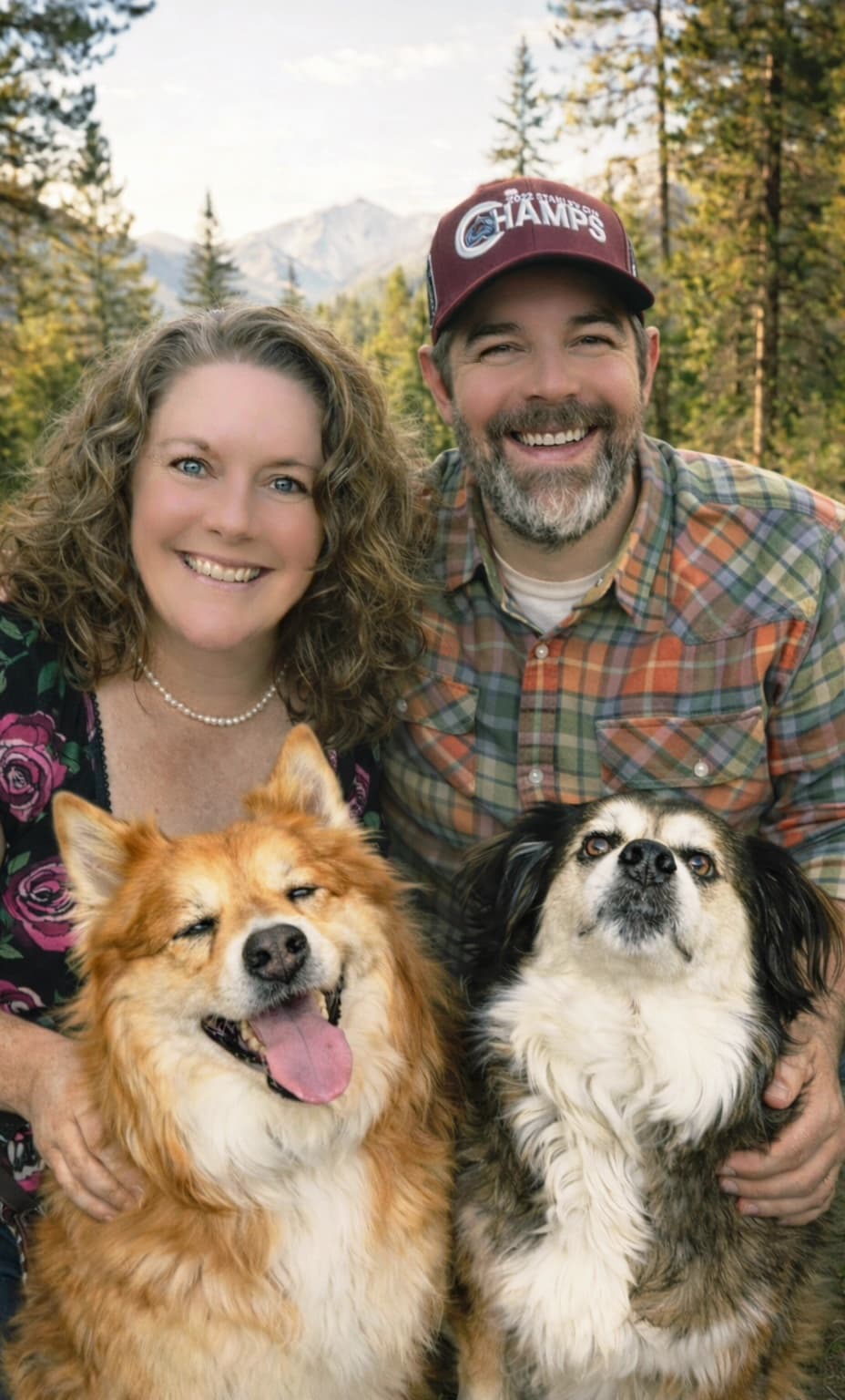 Natalie with her family and dogs in the mountains